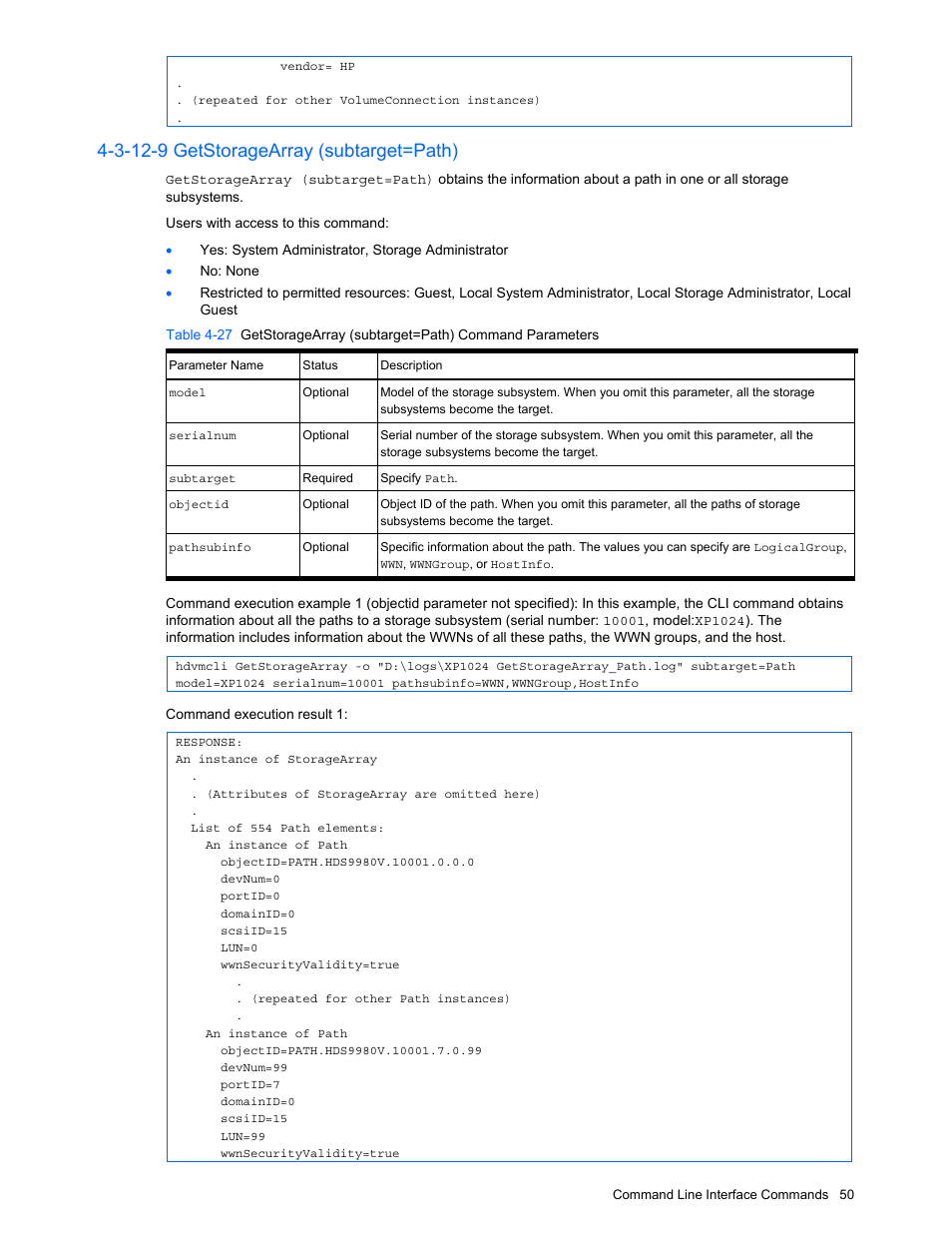 3-12-9 getstoragearray (subtarget=path) | HP StorageWorks XP10000 Disk Array User Manual | Page 50 / 118