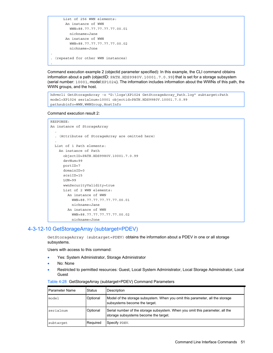 3-12-10 getstoragearray (subtarget=pdev) | HP StorageWorks XP10000 Disk Array User Manual | Page 51 / 118