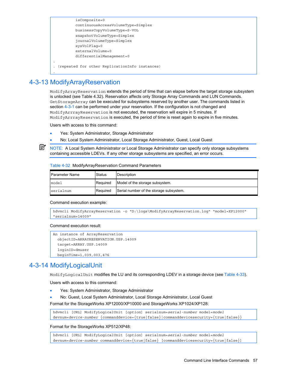 3-13 modifyarrayreservation, 3-14 modifylogicalunit, Modifyarrayreservation | Modifylogicalunit | HP StorageWorks XP10000 Disk Array User Manual | Page 57 / 118