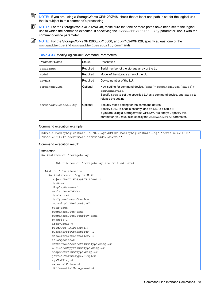Table 4-33 modifylogicalunit command parameters | HP StorageWorks XP10000 Disk Array User Manual | Page 58 / 118