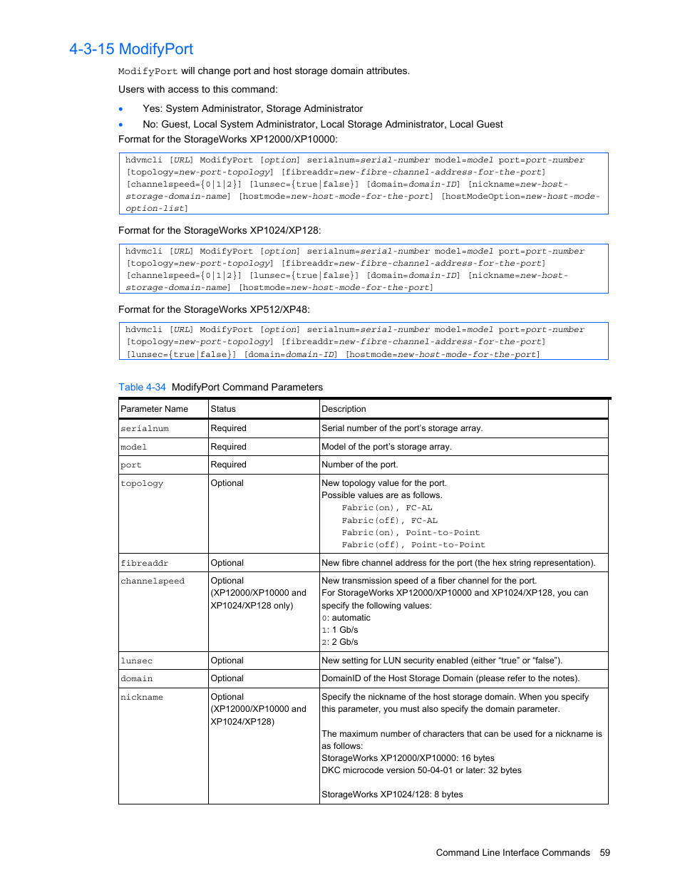 3-15 modifyport, Modifyport, Table 4-34 modifyport command parameters | HP StorageWorks XP10000 Disk Array User Manual | Page 59 / 118