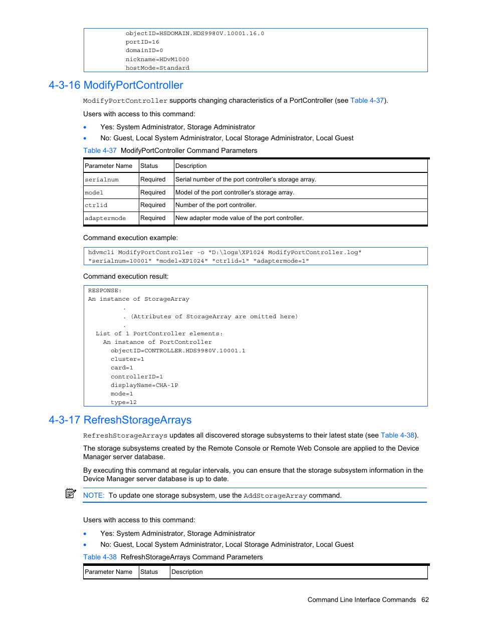 3-16 modifyportcontroller, 3-17 refreshstoragearrays, Modifyportcontroller | Refreshstoragearrays, Table 4-37 modifyportcontroller command parameters, Table 4-38 refreshstoragearrays command parameters | HP StorageWorks XP10000 Disk Array User Manual | Page 62 / 118