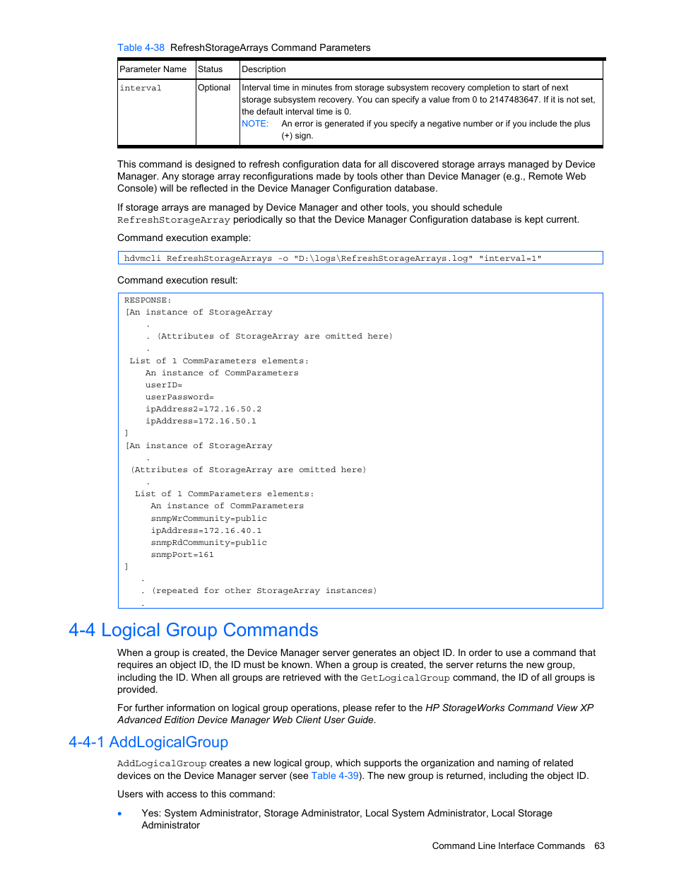 4 logical group commands, 4-1 addlogicalgroup, Logical group commands | Addlogicalgroup | HP StorageWorks XP10000 Disk Array User Manual | Page 63 / 118