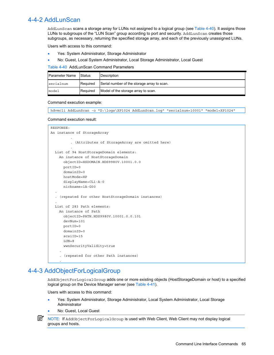 4-2 addlunscan, 4-3 addobjectforlogicalgroup, Addlunscan | Addobjectforlogicalgroup, Table 4-40 addlunscan command parameters | HP StorageWorks XP10000 Disk Array User Manual | Page 65 / 118