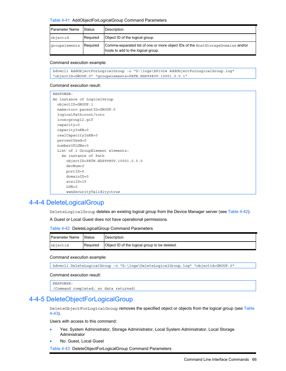 4-4 deletelogicalgroup, 4-5 deleteobjectforlogicalgroup, Deletelogicalgroup | Deleteobjectforlogicalgroup, Table 4-42 deletelogicalgroup command parameters | HP StorageWorks XP10000 Disk Array User Manual | Page 66 / 118