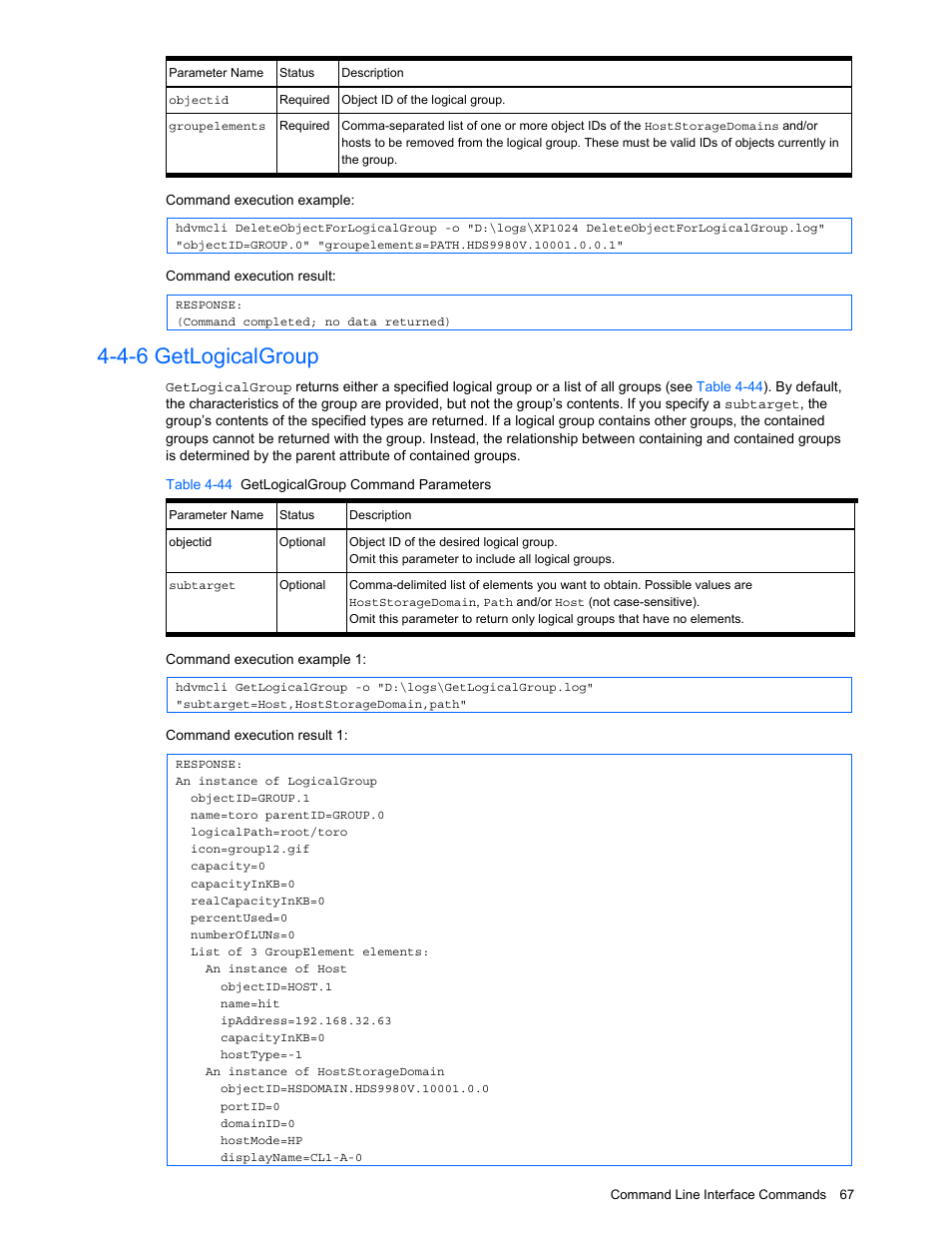 4-6 getlogicalgroup, Getlogicalgroup, Table 4-44 getlogicalgroup command parameters | HP StorageWorks XP10000 Disk Array User Manual | Page 67 / 118