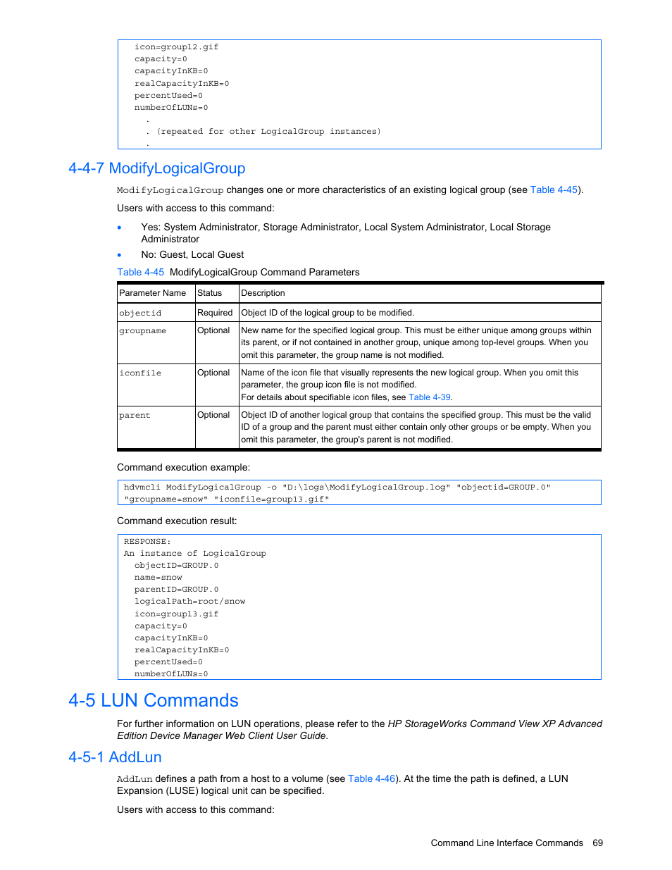 4-7 modifylogicalgroup, 5 lun commands, 5-1 addlun | Modifylogicalgroup, Lun commands, Addlun, Table 4-45 modifylogicalgroup command parameters | HP StorageWorks XP10000 Disk Array User Manual | Page 69 / 118