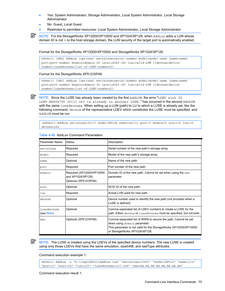 Table 4-46 addlun command parameters | HP StorageWorks XP10000 Disk Array User Manual | Page 70 / 118