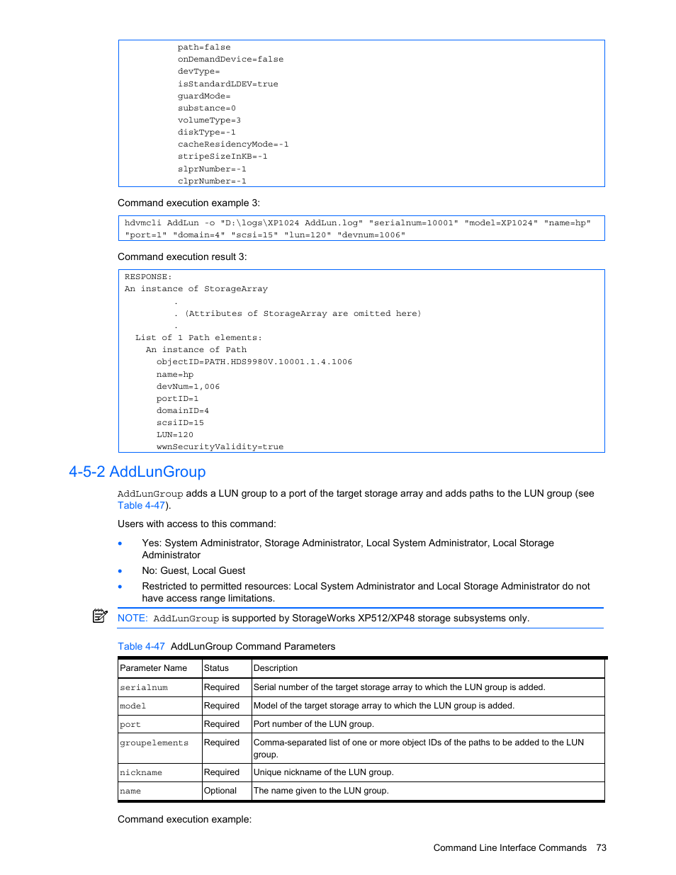 5-2 addlungroup, Addlungroup, Table 4-47 addlungroup command parameters | HP StorageWorks XP10000 Disk Array User Manual | Page 73 / 118