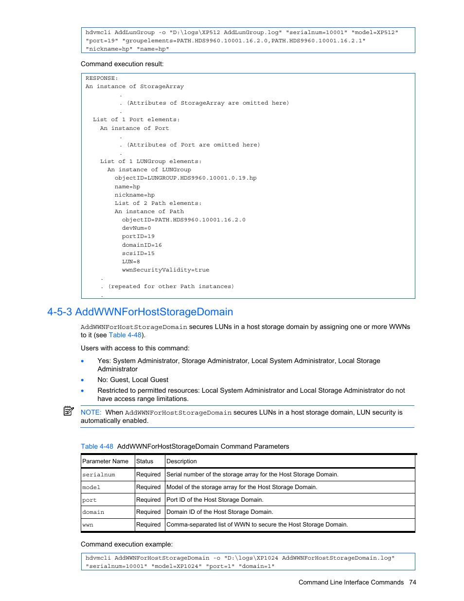 5-3 addwwnforhoststoragedomain, Addwwnforhoststoragedomain | HP StorageWorks XP10000 Disk Array User Manual | Page 74 / 118