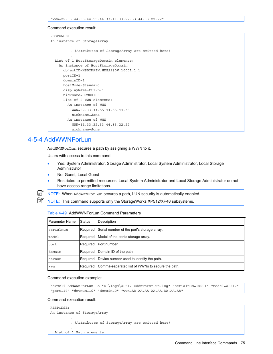 5-4 addwwnforlun, Addwwnforlun, Table 4-49 addwwnforlun command parameters | HP StorageWorks XP10000 Disk Array User Manual | Page 75 / 118