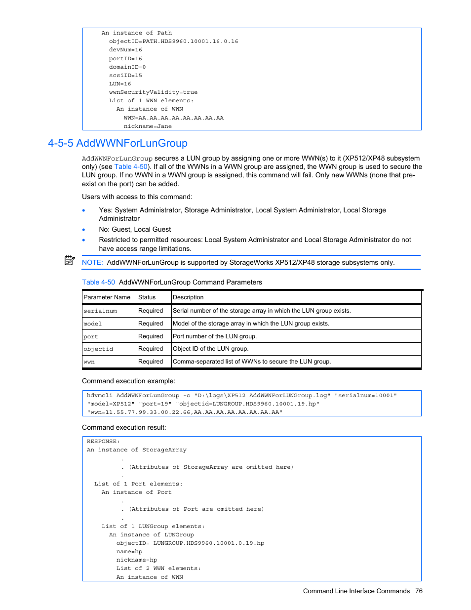 5-5 addwwnforlungroup, Addwwnforlungroup, Table 4-50 addwwnforlungroup command parameters | HP StorageWorks XP10000 Disk Array User Manual | Page 76 / 118