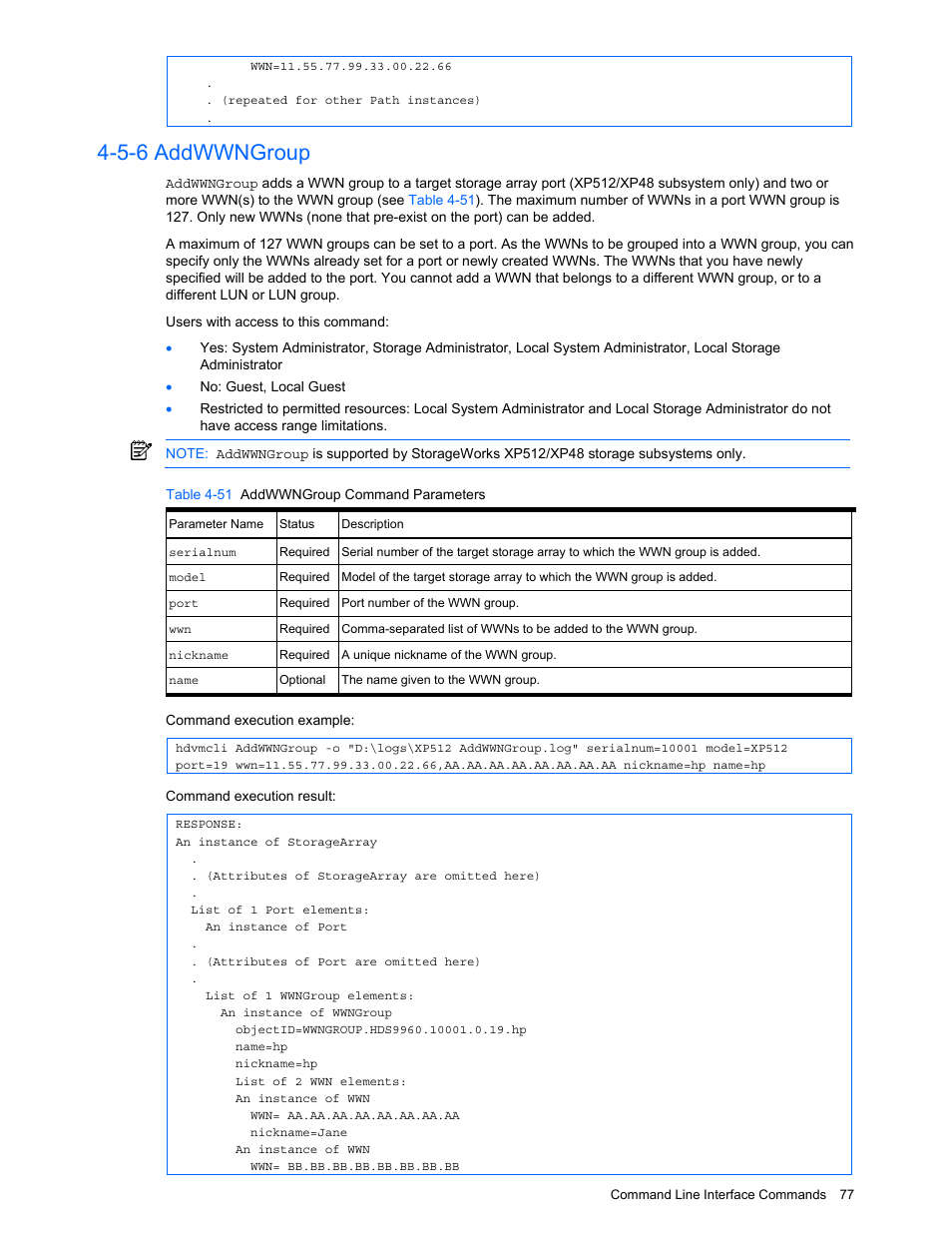 5-6 addwwngroup, Addwwngroup, Table 4-51 addwwngroup command parameters | HP StorageWorks XP10000 Disk Array User Manual | Page 77 / 118