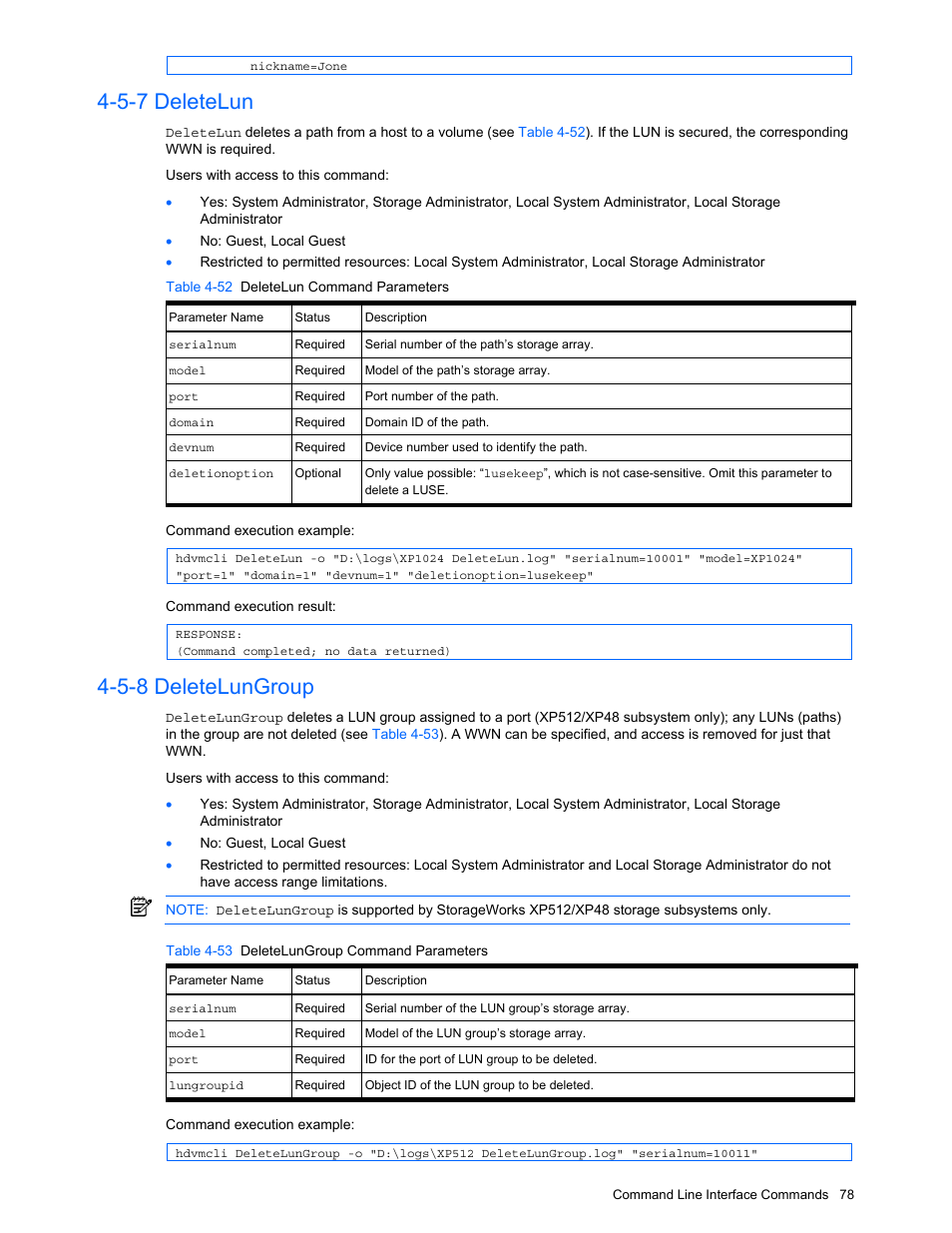 5-7 deletelun, 5-8 deletelungroup, Deletelun | Deletelungroup, Table 4-52 deletelun command parameters, Table 4-53 deletelungroup command parameters | HP StorageWorks XP10000 Disk Array User Manual | Page 78 / 118