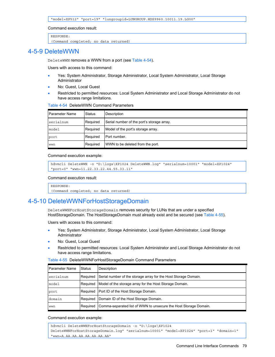 5-9 deletewwn, 5-10 deletewwnforhoststoragedomain, Deletewwn | Deletewwnforhoststoragedomain, Table 4-54 deletewwn command parameters | HP StorageWorks XP10000 Disk Array User Manual | Page 79 / 118