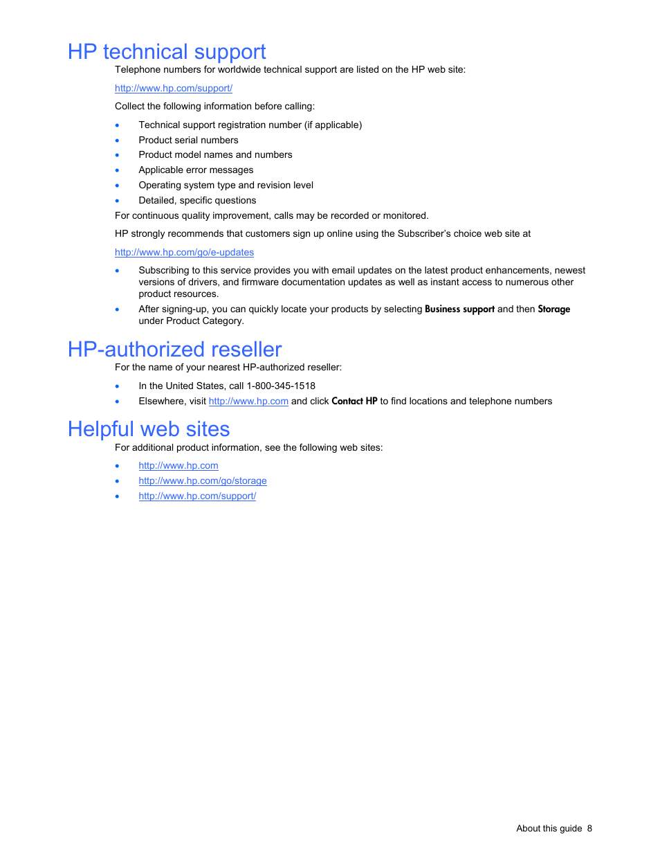 Hp technical support, Hp-authorized reseller, Helpful web sites | HP StorageWorks XP10000 Disk Array User Manual | Page 8 / 118