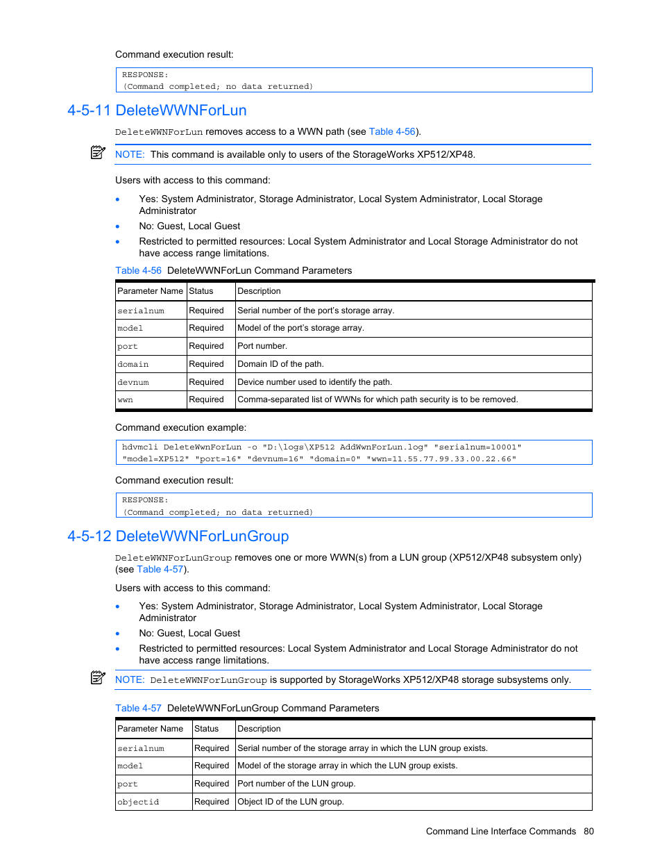 5-11 deletewwnforlun, 5-12 deletewwnforlungroup, Deletewwnforlun | Deletewwnforlungroup, Table 4-56 deletewwnforlun command parameters, Table 4-57 deletewwnforlungroup command parameters | HP StorageWorks XP10000 Disk Array User Manual | Page 80 / 118