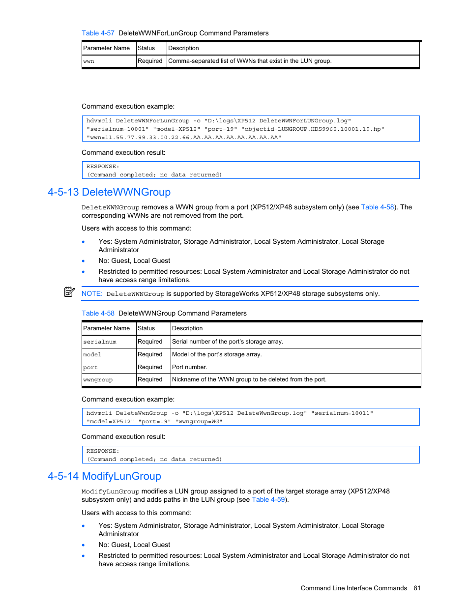 5-13 deletewwngroup, 5-14 modifylungroup, Deletewwngroup | Modifylungroup, Table 4-58 deletewwngroup command parameters | HP StorageWorks XP10000 Disk Array User Manual | Page 81 / 118