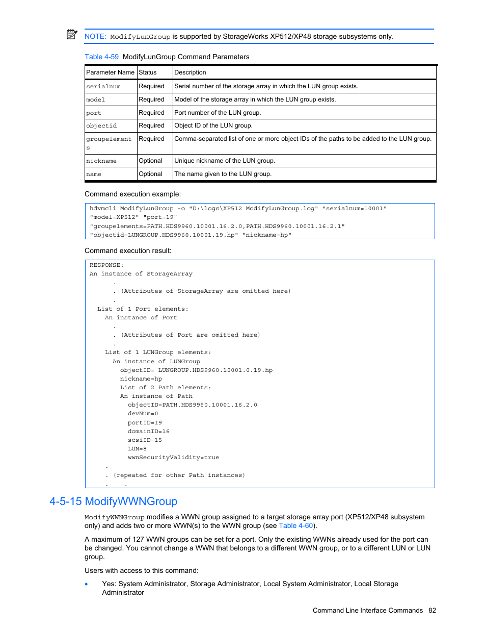 5-15 modifywwngroup, Modifywwngroup, Table 4-59 modifylungroup command parameters | HP StorageWorks XP10000 Disk Array User Manual | Page 82 / 118