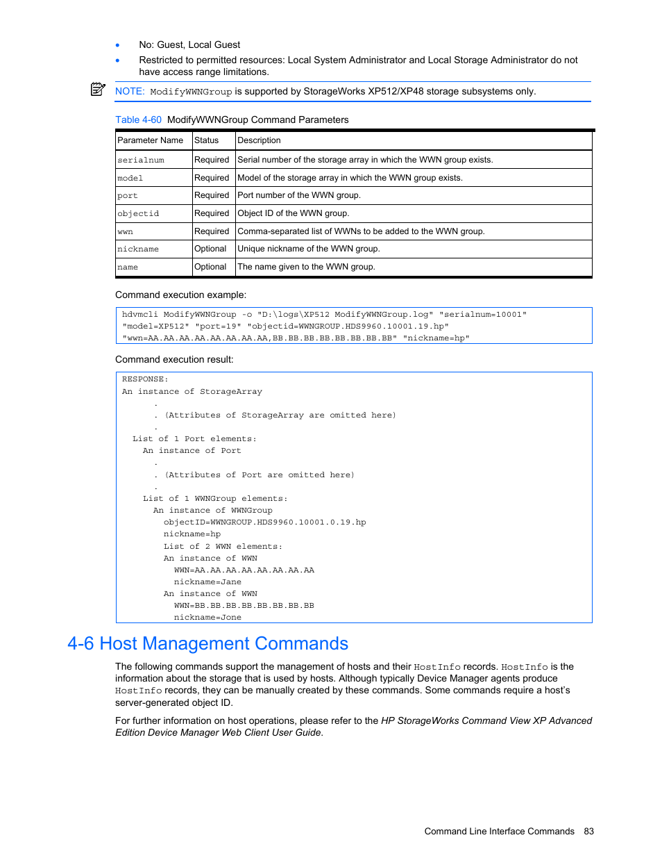 6 host management commands, Host management commands, Table 4-60 modifywwngroup command parameters | HP StorageWorks XP10000 Disk Array User Manual | Page 83 / 118