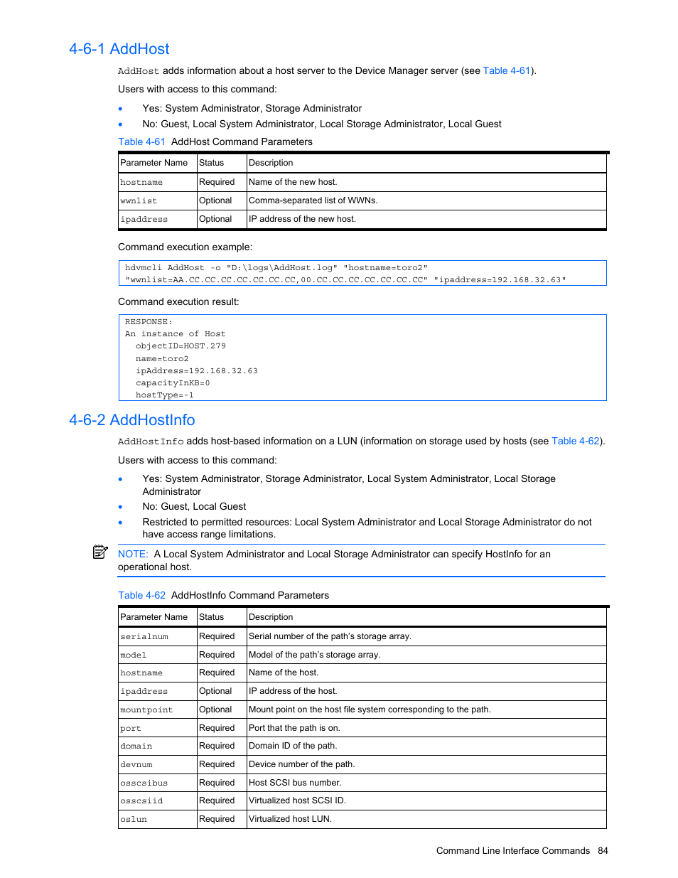 6-1 addhost, 6-2 addhostinfo, Addhost | Addhostinfo, Table 4-61 addhost command parameters, Table 4-62 addhostinfo command parameters | HP StorageWorks XP10000 Disk Array User Manual | Page 84 / 118