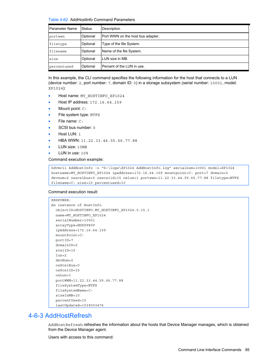 6-3 addhostrefresh, Addhostrefresh | HP StorageWorks XP10000 Disk Array User Manual | Page 85 / 118