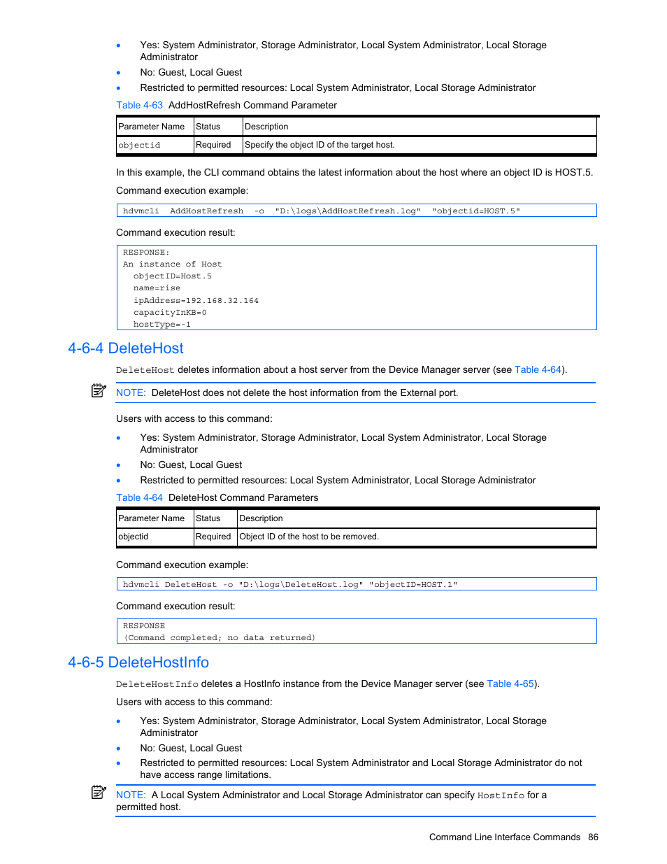6-4 deletehost, 6-5 deletehostinfo, Deletehost | Deletehostinfo, Table 4-63 addhostrefresh command parameter, Table 4-64 deletehost command parameters | HP StorageWorks XP10000 Disk Array User Manual | Page 86 / 118