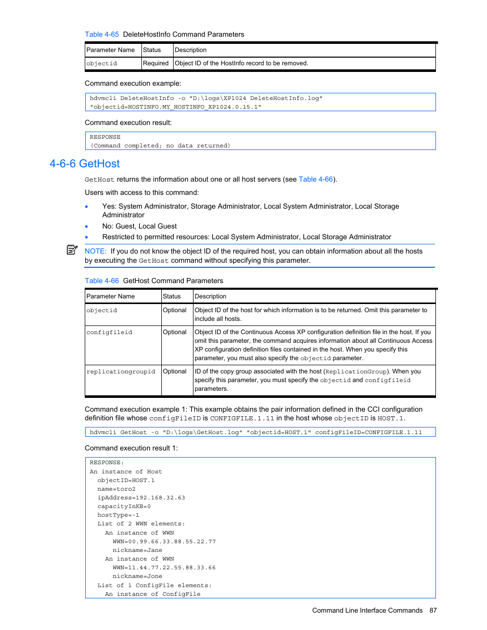 6-6 gethost, Gethost, Table 4-65 deletehostinfo command parameters | Table 4-66 gethost command parameters | HP StorageWorks XP10000 Disk Array User Manual | Page 87 / 118