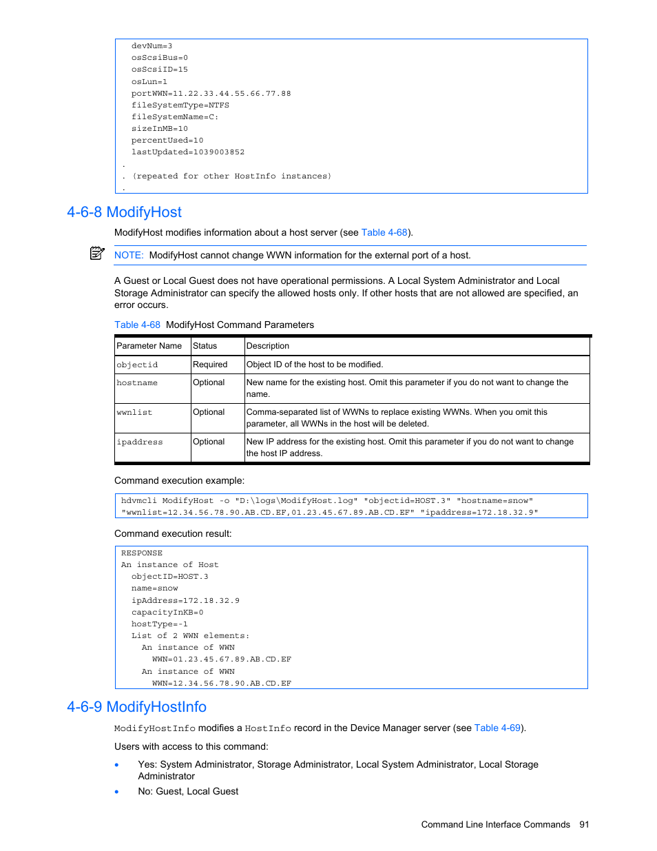 6-8 modifyhost, 6-9 modifyhostinfo, Modifyhost | Modifyhostinfo, Table 4-68 modifyhost command parameters | HP StorageWorks XP10000 Disk Array User Manual | Page 91 / 118