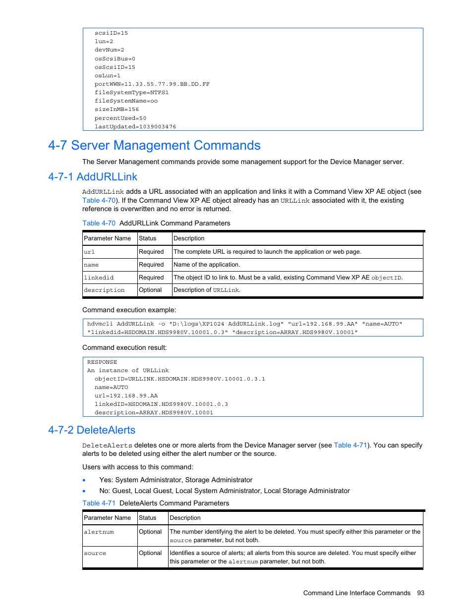 7 server management commands, 7-1 addurllink, 7-2 deletealerts | Server management commands, Addurllink, Deletealerts, Table 4-70 addurllink command parameters, Table 4-71 deletealerts command parameters | HP StorageWorks XP10000 Disk Array User Manual | Page 93 / 118