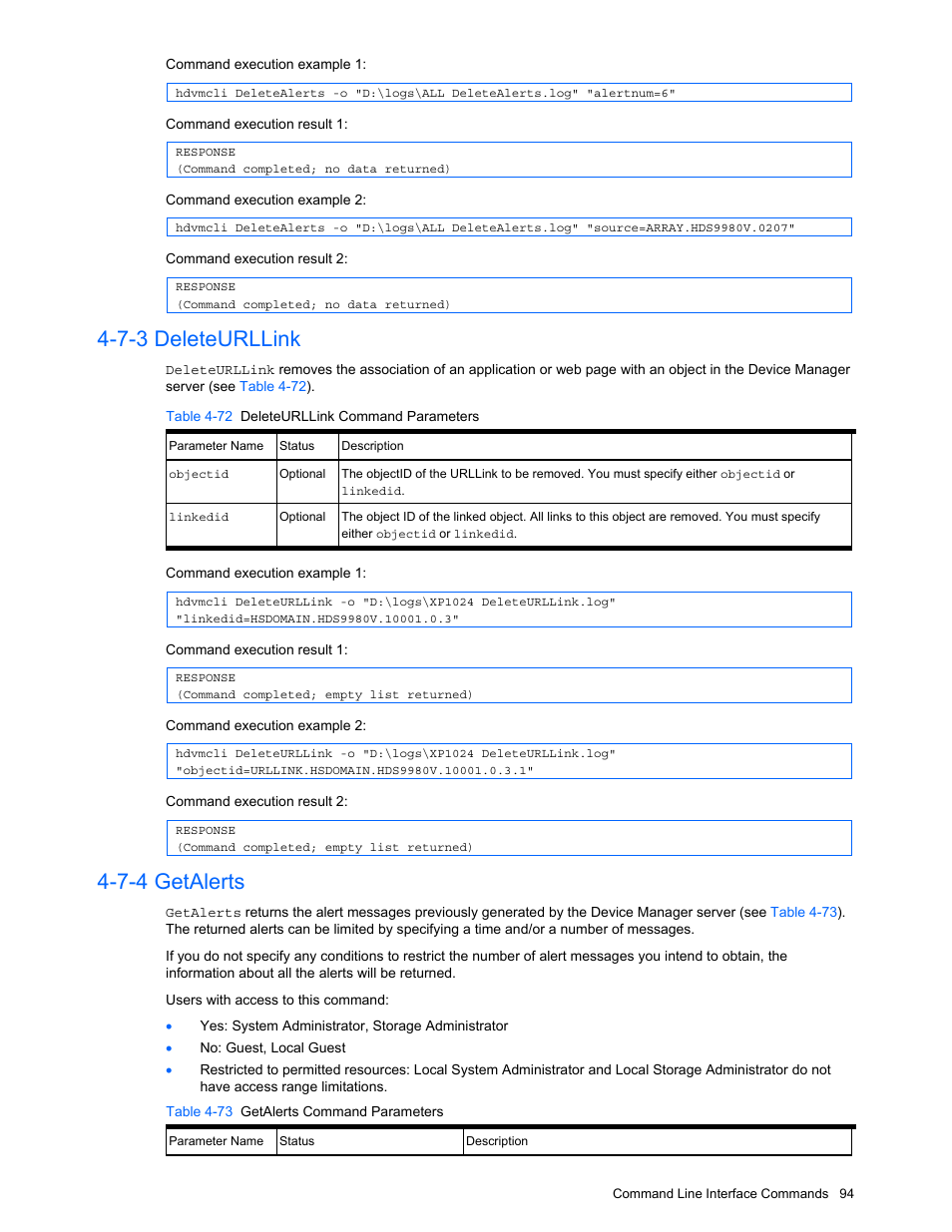 7-3 deleteurllink, 7-4 getalerts, Deleteurllink | Getalerts, Table 4-72 deleteurllink command parameters, Table 4-73 getalerts command parameters | HP StorageWorks XP10000 Disk Array User Manual | Page 94 / 118