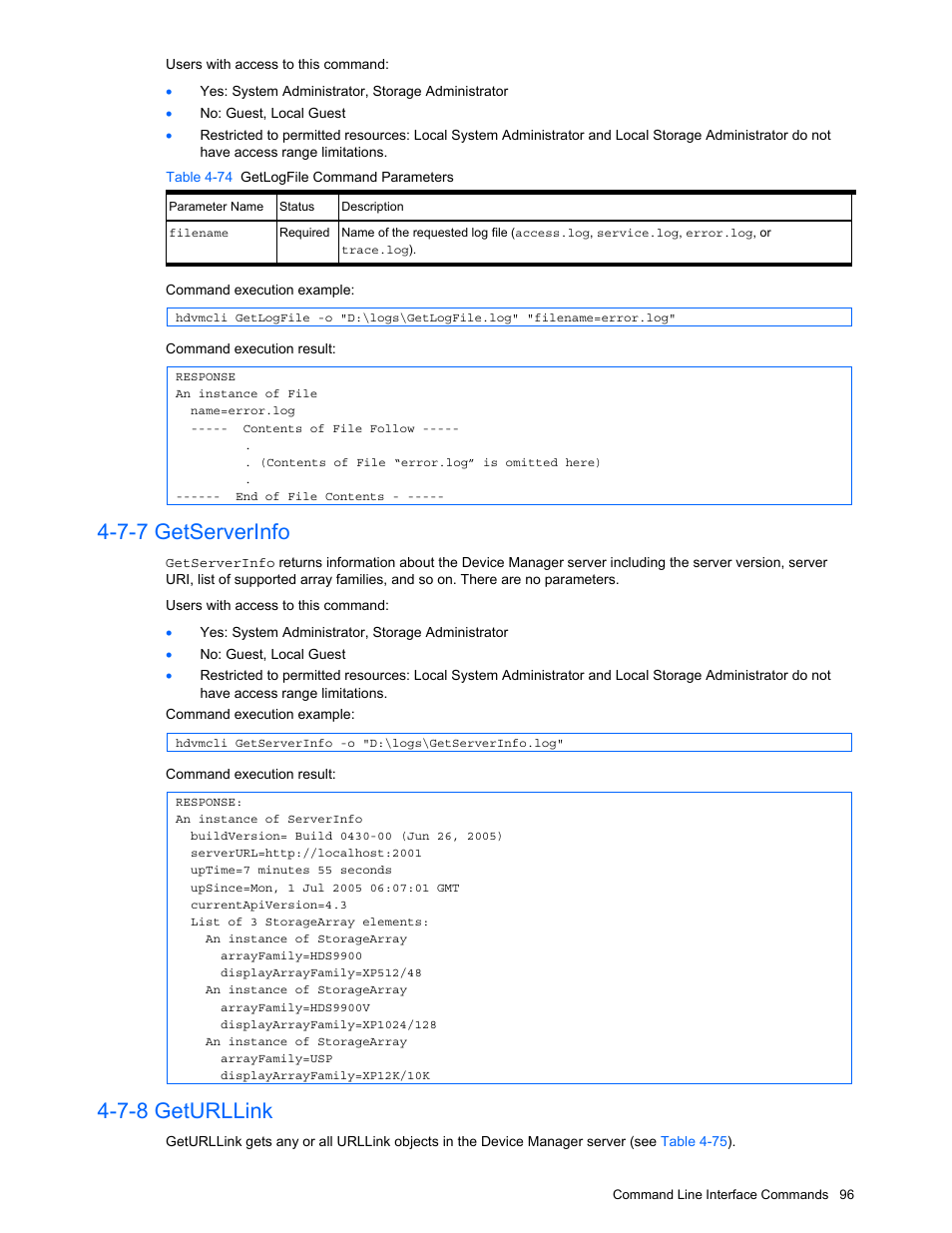7-7 getserverinfo, 7-8 geturllink, Getserverinfo | Geturllink, Table 4-74 getlogfile command parameters | HP StorageWorks XP10000 Disk Array User Manual | Page 96 / 118