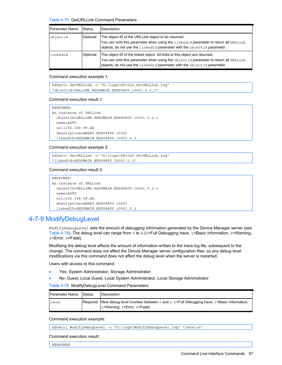 7-9 modifydebuglevel, Modifydebuglevel, Table 4-75 geturllink command parameters | Table 4-76 modifydebuglevel command parameters | HP StorageWorks XP10000 Disk Array User Manual | Page 97 / 118