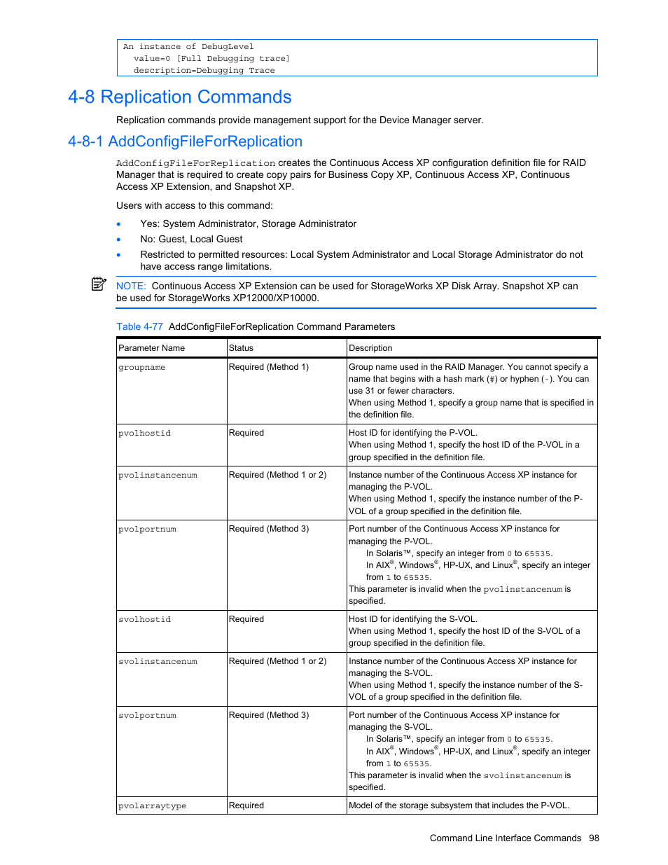 8 replication commands, 8-1 addconfigfileforreplication, Replication commands | Addconfigfileforreplication | HP StorageWorks XP10000 Disk Array User Manual | Page 98 / 118