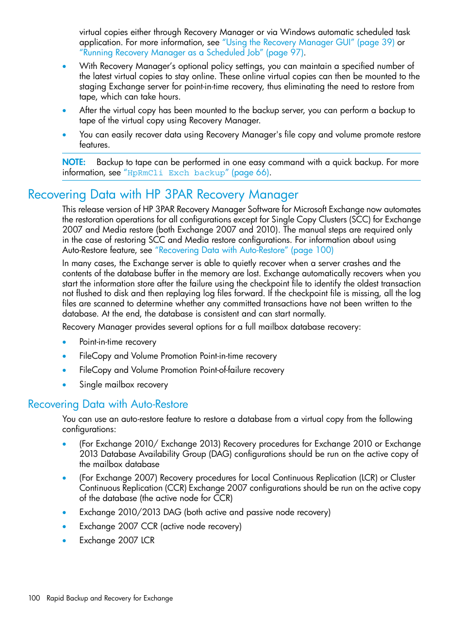 Recovering data with hp 3par recovery manager, Recovering data with auto-restore, Recovering data | HP 3PAR Application Software Suite for Microsoft Exchange User Manual | Page 100 / 168