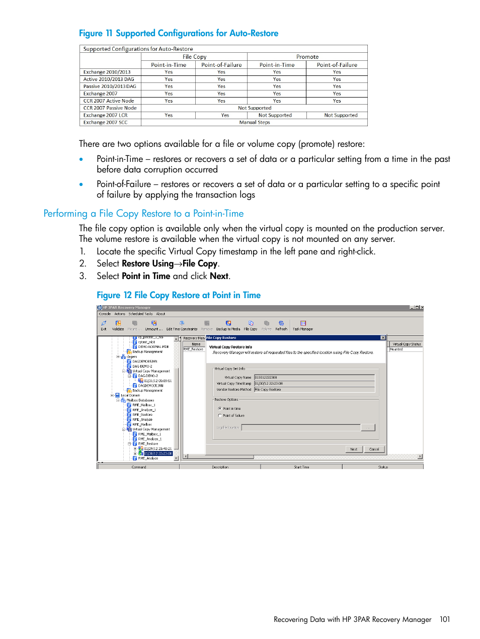 Performing a file copy restore to a point-in-time | HP 3PAR Application Software Suite for Microsoft Exchange User Manual | Page 101 / 168