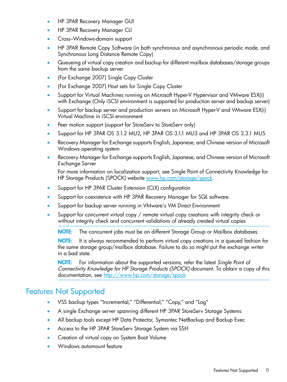 Features not supported | HP 3PAR Application Software Suite for Microsoft Exchange User Manual | Page 11 / 168