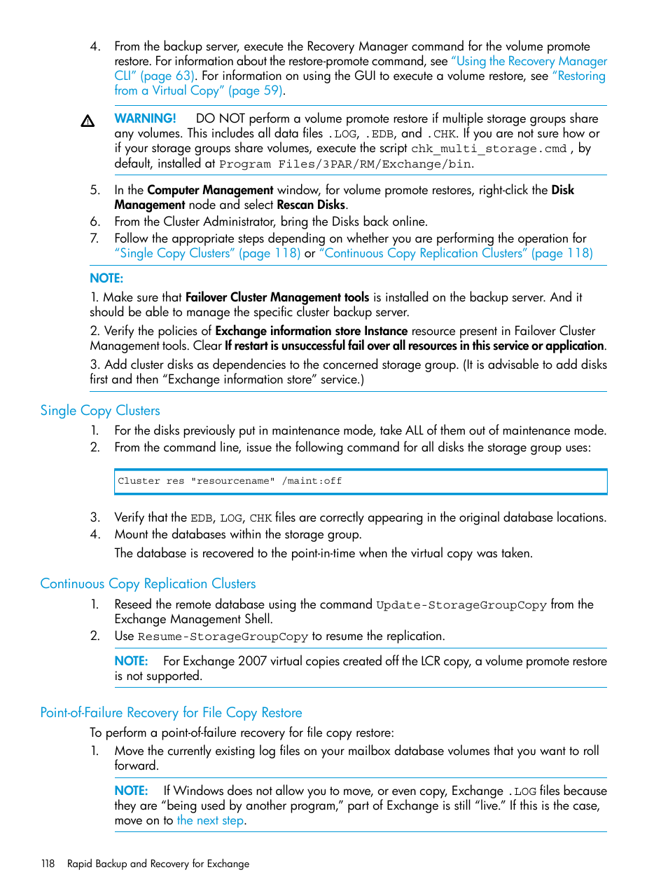 Single copy clusters, Continuous copy replication clusters, Point-of-failure recovery for file copy restore | HP 3PAR Application Software Suite for Microsoft Exchange User Manual | Page 118 / 168