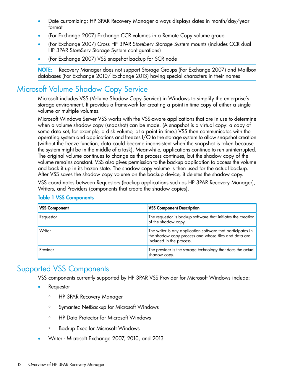 Microsoft volume shadow copy service, Supported vss components | HP 3PAR Application Software Suite for Microsoft Exchange User Manual | Page 12 / 168