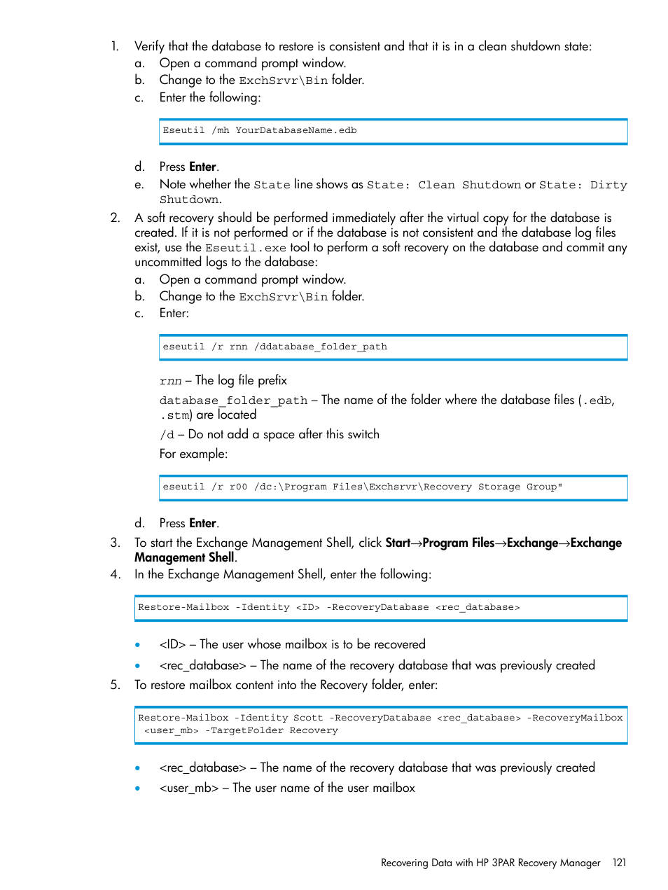 HP 3PAR Application Software Suite for Microsoft Exchange User Manual | Page 121 / 168