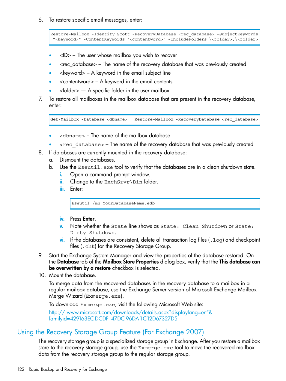 HP 3PAR Application Software Suite for Microsoft Exchange User Manual | Page 122 / 168