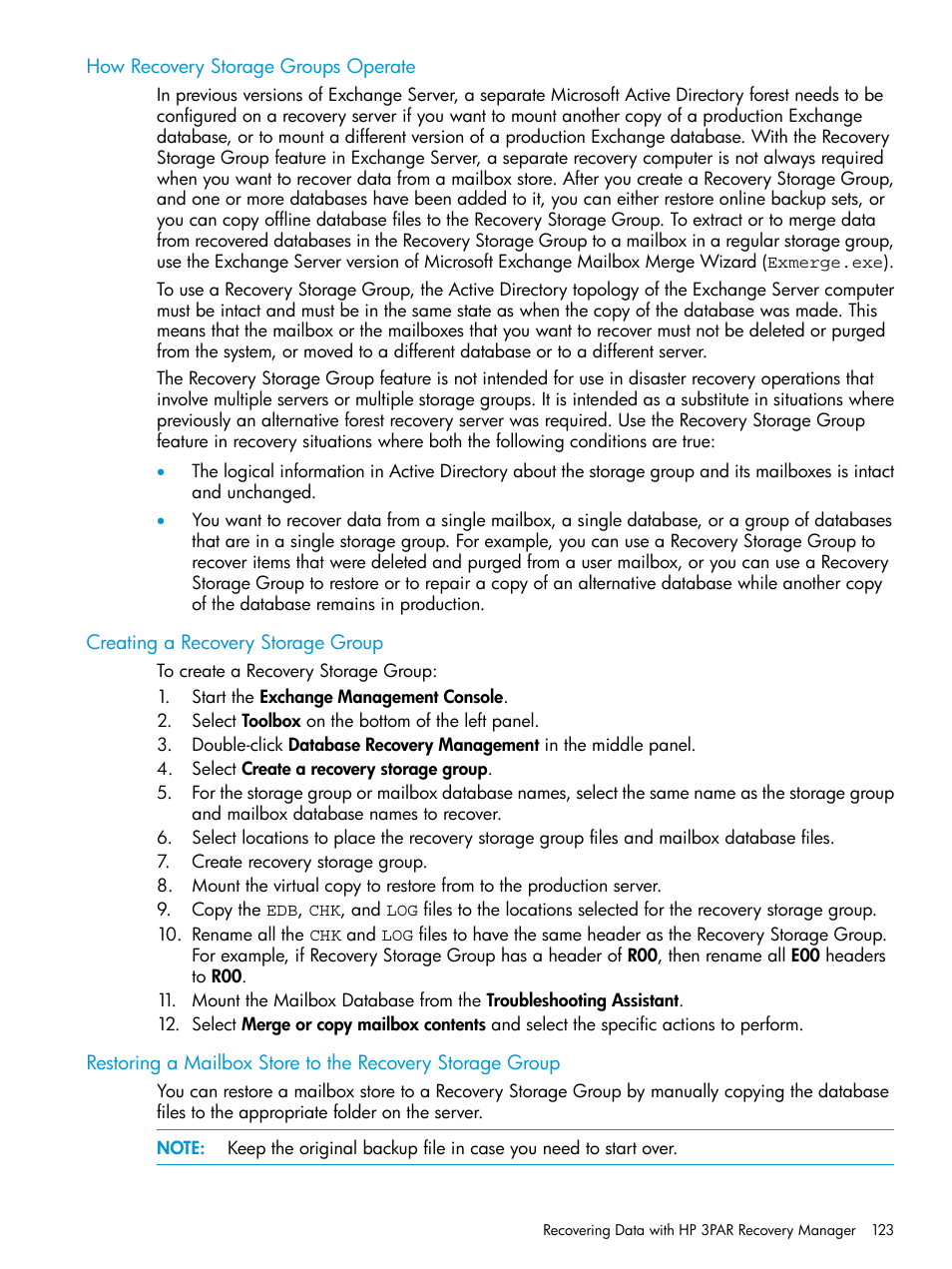 How recovery storage groups operate, Creating a recovery storage group | HP 3PAR Application Software Suite for Microsoft Exchange User Manual | Page 123 / 168