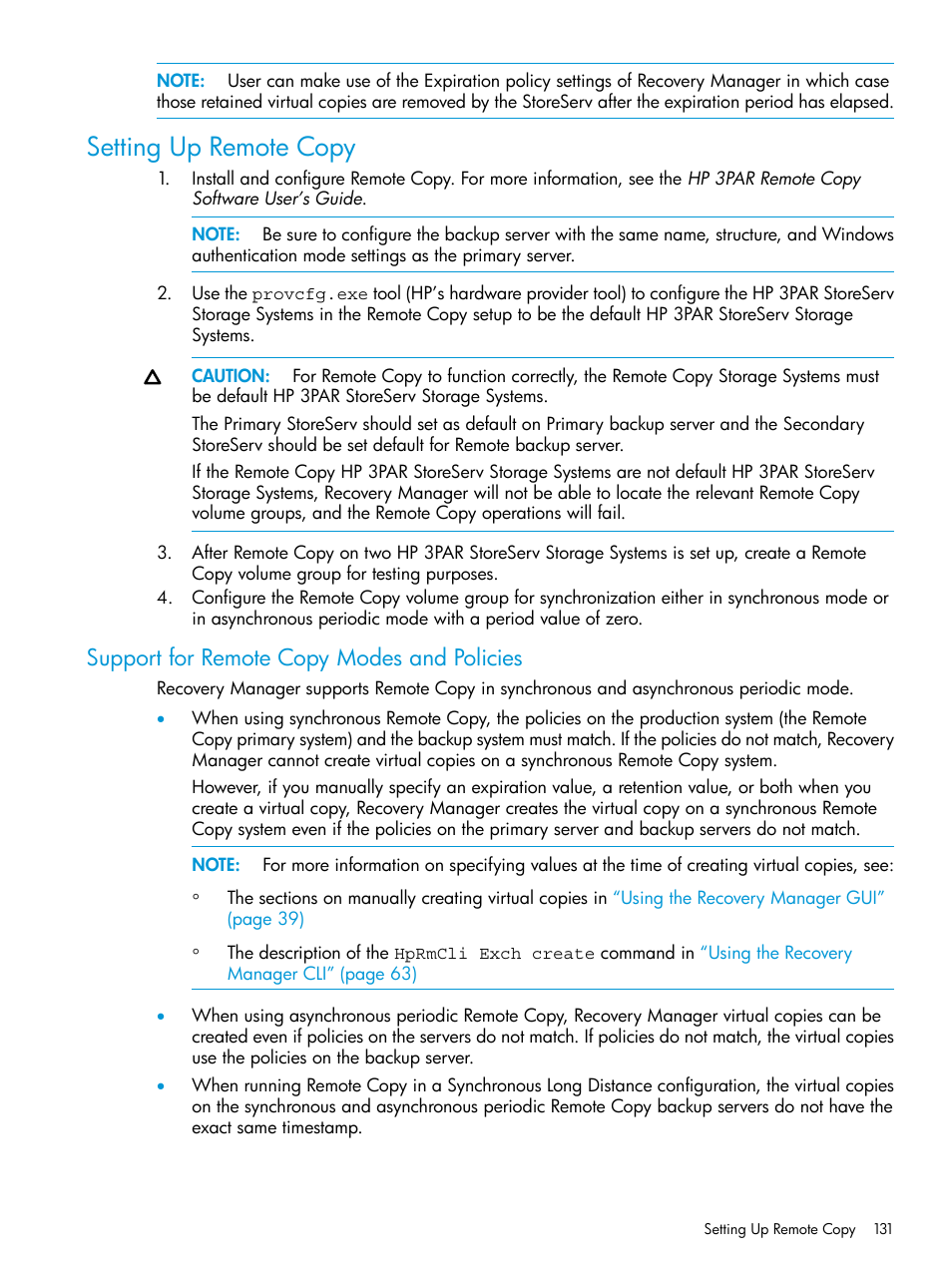 Setting up remote copy, Support for remote copy modes and policies | HP 3PAR Application Software Suite for Microsoft Exchange User Manual | Page 131 / 168