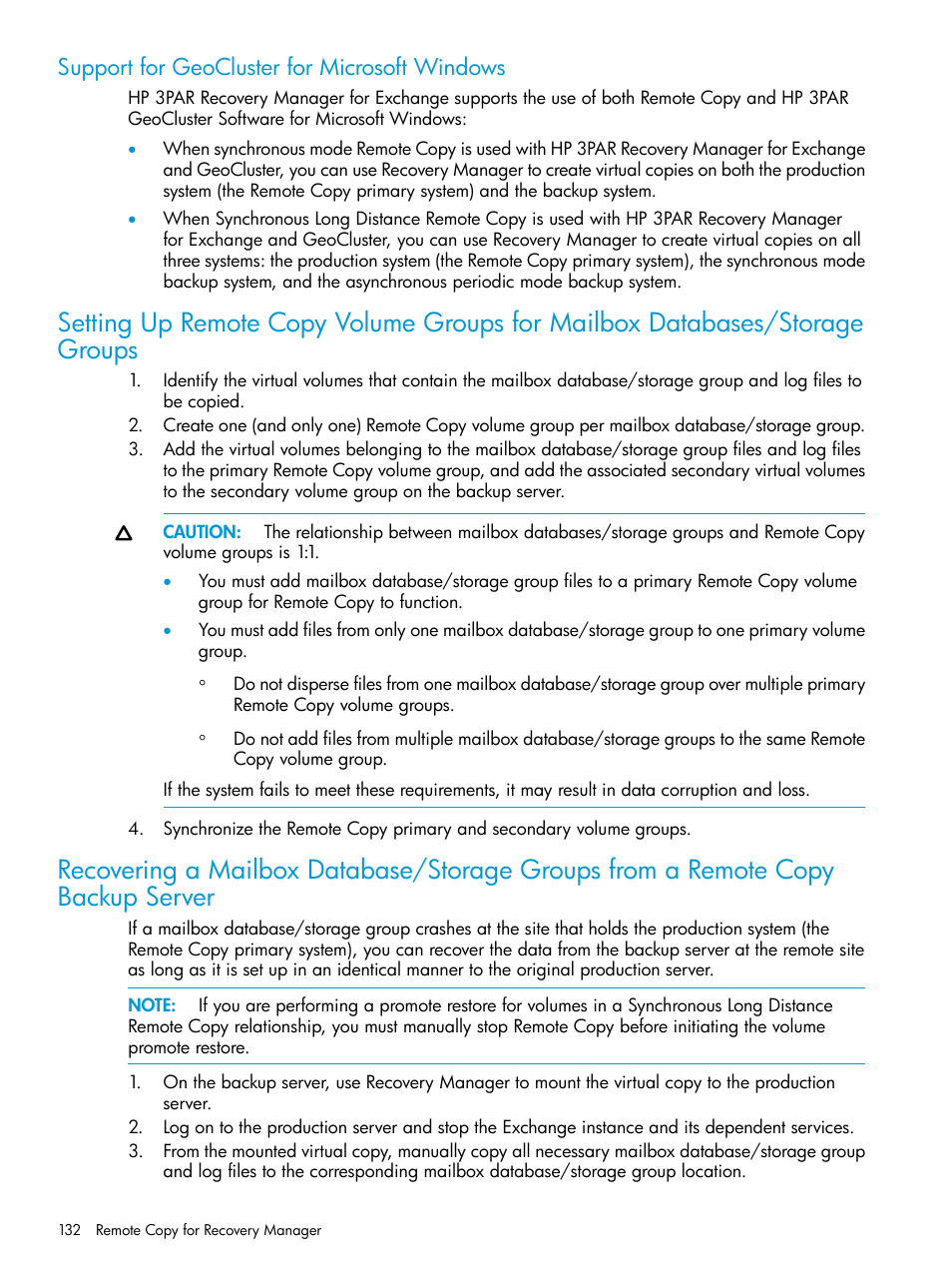 Support for geocluster for microsoft windows | HP 3PAR Application Software Suite for Microsoft Exchange User Manual | Page 132 / 168