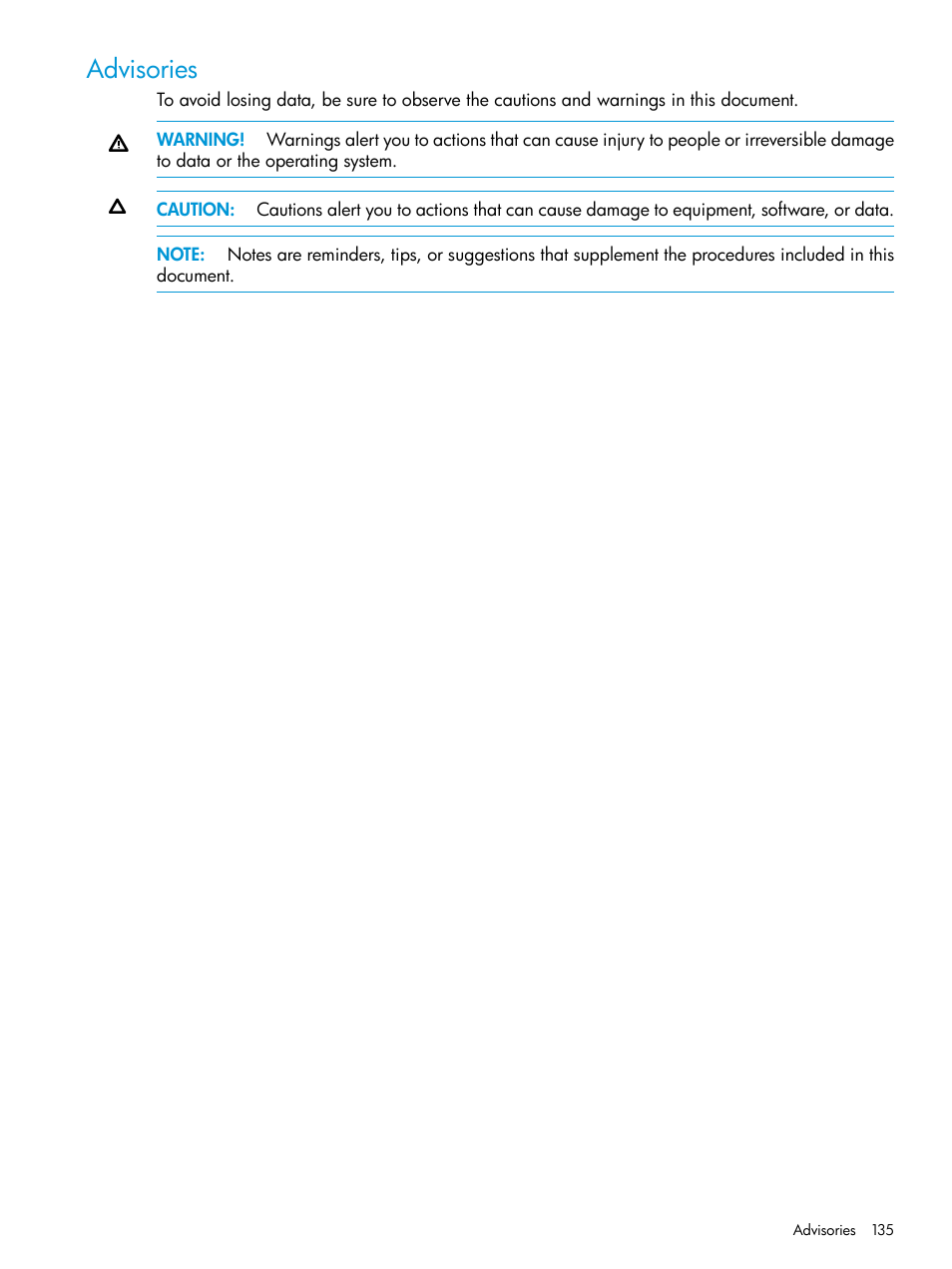 Advisories | HP 3PAR Application Software Suite for Microsoft Exchange User Manual | Page 135 / 168