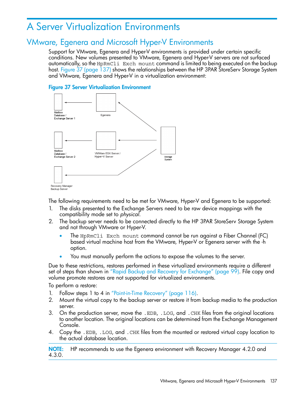 A server virtualization environments, Vmware, egenera and microsoft hyper-v environments | HP 3PAR Application Software Suite for Microsoft Exchange User Manual | Page 137 / 168