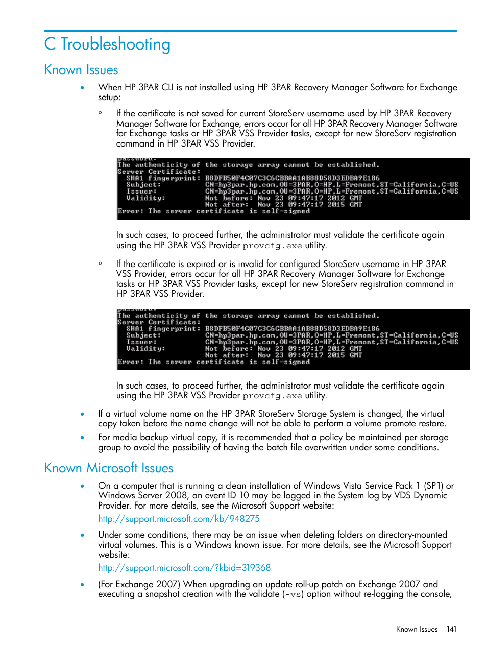 C troubleshooting, Known issues, Known microsoft issues | Known issues known microsoft issues | HP 3PAR Application Software Suite for Microsoft Exchange User Manual | Page 141 / 168