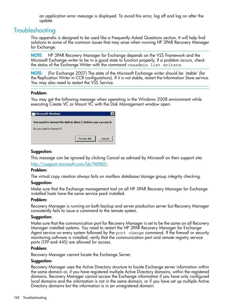 Troubleshooting | HP 3PAR Application Software Suite for Microsoft Exchange User Manual | Page 142 / 168