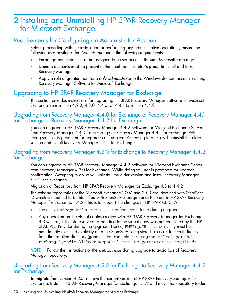 Upgrading to hp 3par recovery manager for exchange | HP 3PAR Application Software Suite for Microsoft Exchange User Manual | Page 20 / 168