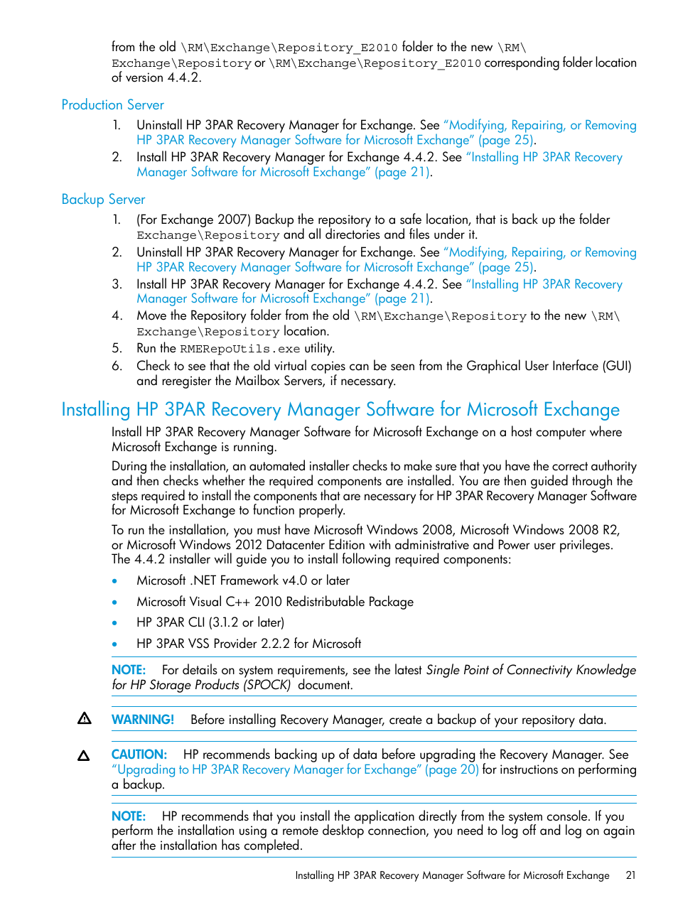 Production server, Backup server, Production server backup server | HP 3PAR Application Software Suite for Microsoft Exchange User Manual | Page 21 / 168